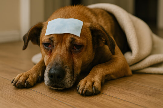 Sick brown dog lying on wooden floor with cooling compress on forehead, pet illness and veterinary healthcare concept, tired domestic puppy resting under warm blanket indoors, unwell animal receiving 