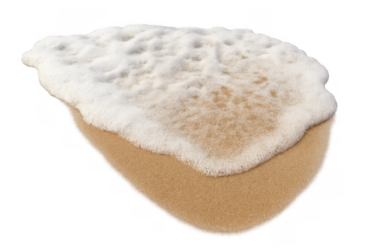 Waves crashing on sand beach with seafoam, ocean water flowing on shore, nature background