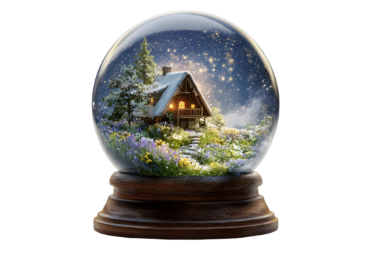 Enchanted snowy cabin inside glass globe on wooden base for winter decor and gift ideas