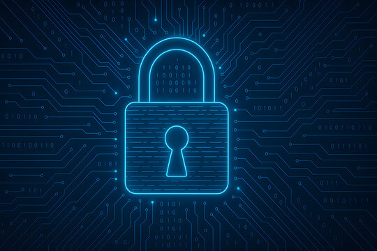 Glowing digital padlock on futuristic blue circuit board background, cybersecurity protection and data privacy concept, luminous neon security lock with keyhole, computer network encryption, secure in
