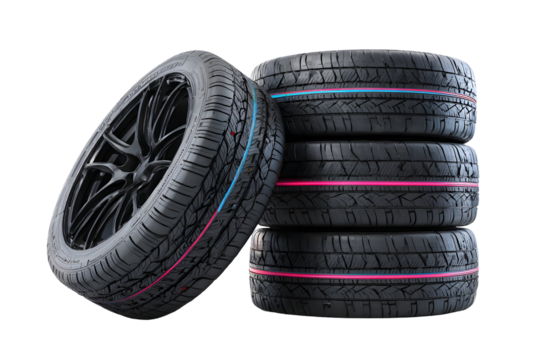 Balanced stack of four automotive tires on black background for vehicle maintenance and design