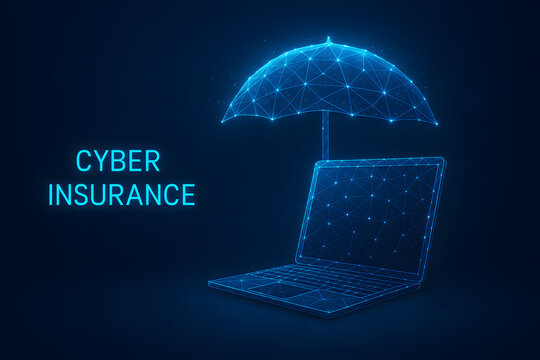 Cyber insurance concept with glowing digital umbrella protecting laptop computer, futuristic cybersecurity protection symbol, luminous blue network connections and digital data particles, online secur