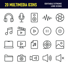 Multimedia Audio and Video Line Icons Set Collection.