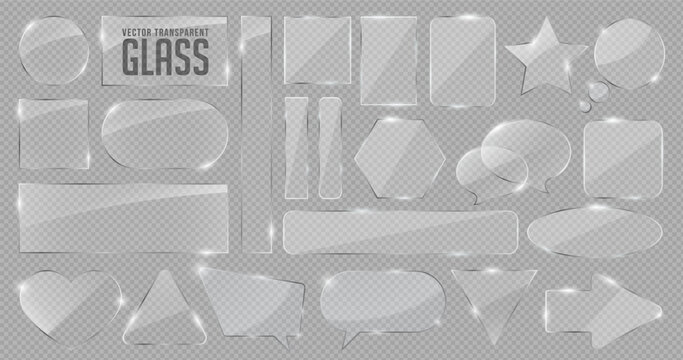 3d transparent glass set in gradient geometric pattern with rainbow light. Crystal heart, arrow, star and liquid speech bubble icon. Futuristic mirror frame or plastic for mobile phone game interface.