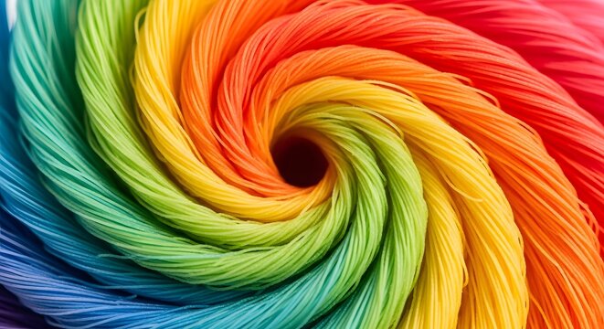 Vibrant spectrum of rainbow threads swirling into a mesmerizing abstract vortex, creating a dynamic and colorful texture. A captivating and harmonious blend of hues