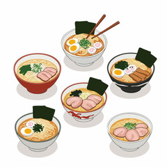 Isometric Detailed Ramen Bowl Variations with Toppings Delicious Japanese Food Meal