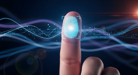 Human finger with illuminated fingerprint scan, representing advanced digital biometric security and identity verification in a futuristic technological landscape