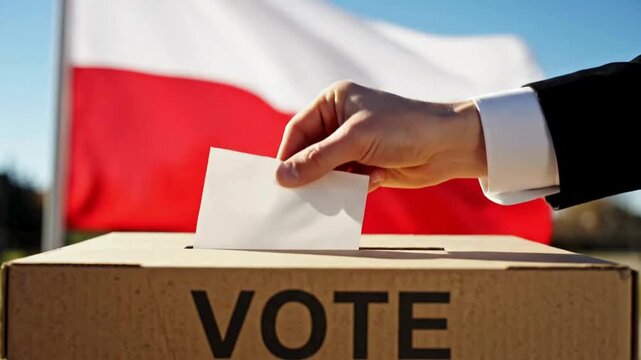 Confident hand casts ballot for Poland national election, symbolizing civic duty and democratic process