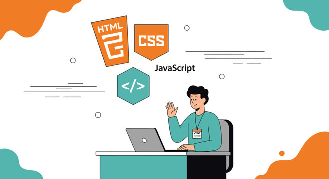 Illustration showcasing a developer working with HTML CSS and JavaScript coding skills