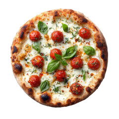 Round pizza topped with fresh cherry tomatoes, basil, and mozzarella cheese.  Crispy, golden-brown crust
