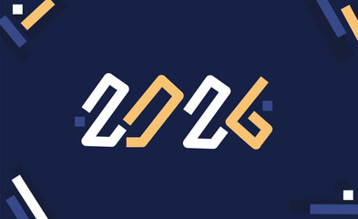 Geometric illustration of 2026 typography in modern blue, white and gold tones on dark blue background, perfect for new year celebration banners, posters, and digital greetings.