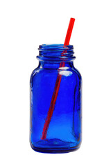 Small, cobalt blue glass bottle with a red drinking straw