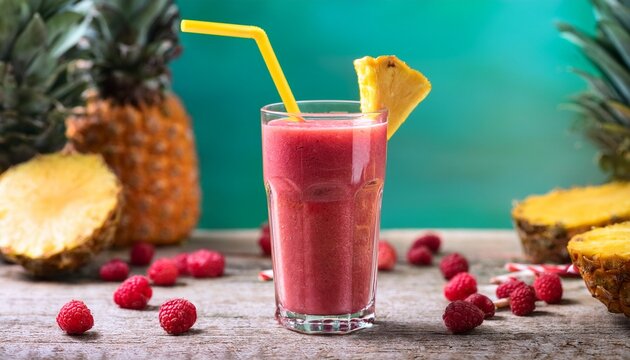 tropical fruit smoothie in a glass with a yellow straw pineapple in the background orange slices and raspberries surround the glass