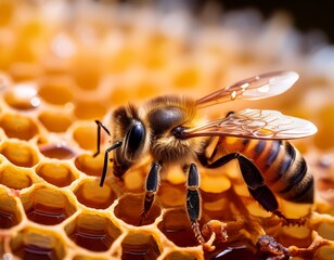 bee collecting honey from a honeycomb close up
