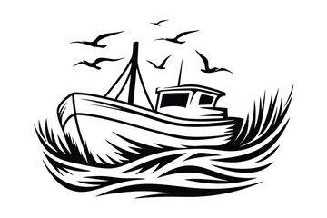 Boat sailing amid strong waves as birds fly above in a monotone scheme