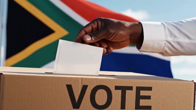 Hand casts ballot into vote box against South African flag, symbolizing democratic participation.