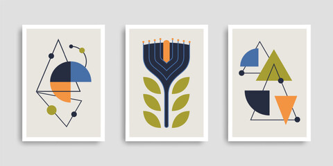 Modern geometric wall art set with abstract shapes and minimal floral element in retro colors. Mid century modern style posters for home decor, interior design, prints and creative projects.