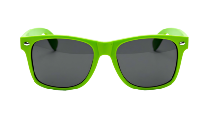 Bright neon green sunglasses with rounded ears and dark lenses, isolated on black