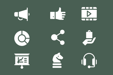 A set of nine white flat design icons representing various business, marketing, and social media concepts on a dark green background.