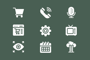 A grid of nine white flat design icons on a dark green background, representing various digital and everyday concepts like shopping, communication, settings, and technology.
