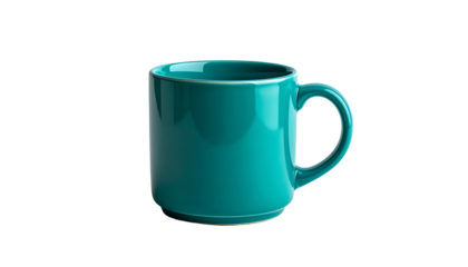 A single turquoise coffee mug, with a silver rim, sits centered against a black background