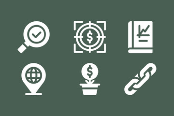Set of business and finance icons including search, target, report, global, growth, and link concepts on a dark green background.