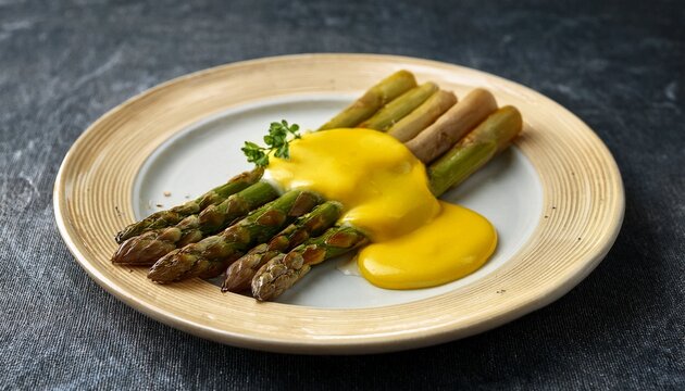 golden asparagus spears bask beside a silky hollandaise echoing springtime vernal equinox feasts and gourmet gatherings