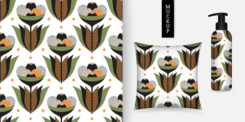 Seamless floral vector pattern in modern geometric style. Retro abstract floral design in earthy colors. Perfect for fabric, packaging, wallpaper, stationery, and surface print projects.