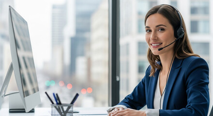 Smiling woman with headset and computer in office. Represents communication, assistance, customer service, and professional environment