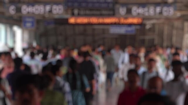 Bokeh view of people at Andheri railway station, Mumbai, India. Blurred background footage.