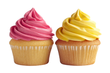 Two cupcakes, one pink, one yellow, topped with swirls of frosting
