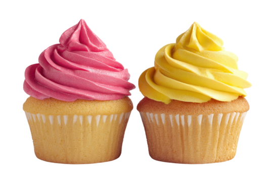Two cupcakes, one pink, one yellow, topped with swirls of frosting