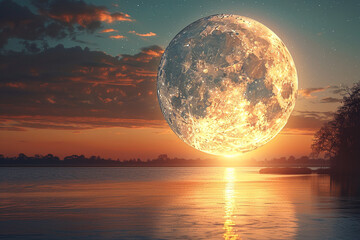 A breathtaking display of a massive moon ascending above a tranquil scenery, highlighting its grandeur as it looms over horizon and illuminates surroundings with a soft, radiant light   