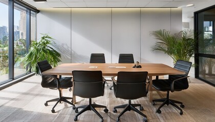 modern office meeting room showcasing a light wood conference table black chairs and potted plants creating a professional and serene workspace