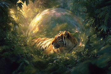 Majestic tiger resting peacefully inside a protective bubble amidst lush jungle foliage, radiating tranquility and evoking a sense of wonder and natural harmony
