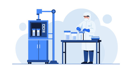 Scientist in clean suit working with samples in laboratory for medical research