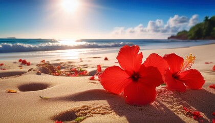 scarlet blossoms rest serenely on sunlit sand evoking hawaiian lei day and clandestine midsummer beach rituals