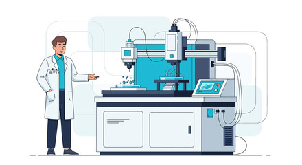 Scientist presenting advanced medical equipment in a modern laboratory setting for innovative