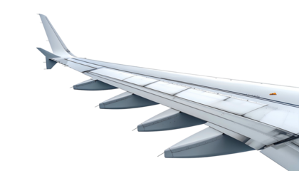 Close-up view of the leading edge of a plane wing with flaps extended