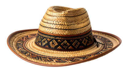Woven straw hat with wide brim, patterned band, and intricate tribal designs