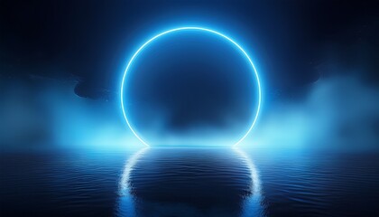 blue neon circle light in smoky dark background reflects on water like surface creating mysterious and futuristic scene perfect for design mockup