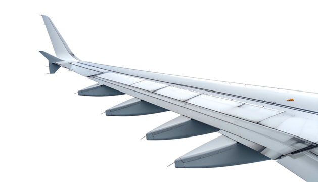 Close-up view of the leading edge of a plane wing with flaps extended