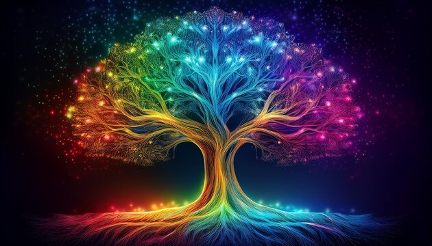 rainbow hued tree with glowing roots and branches against a dark background showcasing vibrant colors and mystical energy symbolizing life growth and interconnectedness - Powered by Adobe