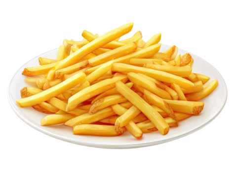 Crispy golden-brown french fries piled high on a white plate