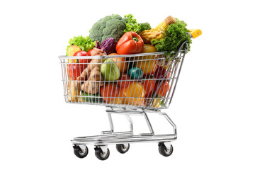 Full shopping cart overflowing with colorful fruits and vegetables