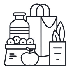 Eco-friendly shopping bags with groceries, bread, bottle, and leaves in flat vector style on a white background.