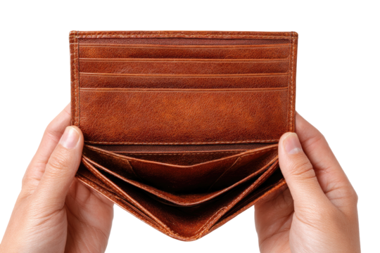 Empty brown leather wallet held in hands