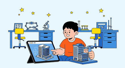 Young aspiring architect virtually designing a building with technology and model
