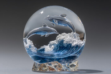 Elegant crystal sculpture featuring playful dolphins leaping through ocean waves, a timeless piece that brings a touch of marine elegance to any space.
