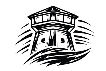 Isolated watchtower illustration with stylized black lines over white, a geometric representation